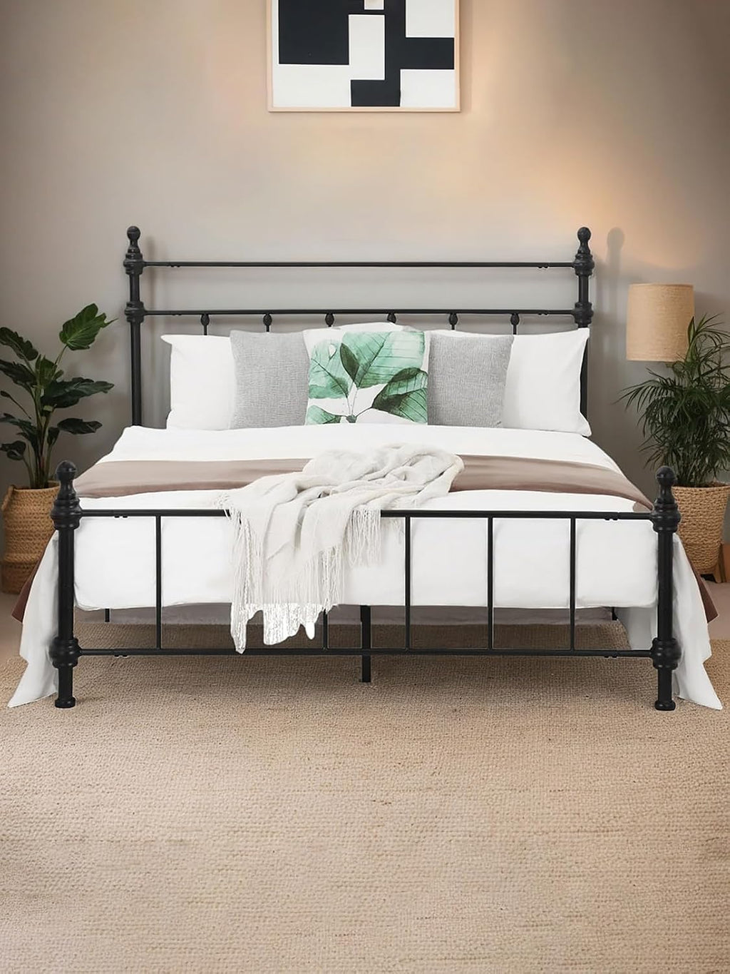 Full Size Bed Frame, Metal Platform Bed with Straight Headboard, Retro Luxury Roman Column, Easy Set up, No Box Spring Needed, Storage Space Under-Bed (Full)