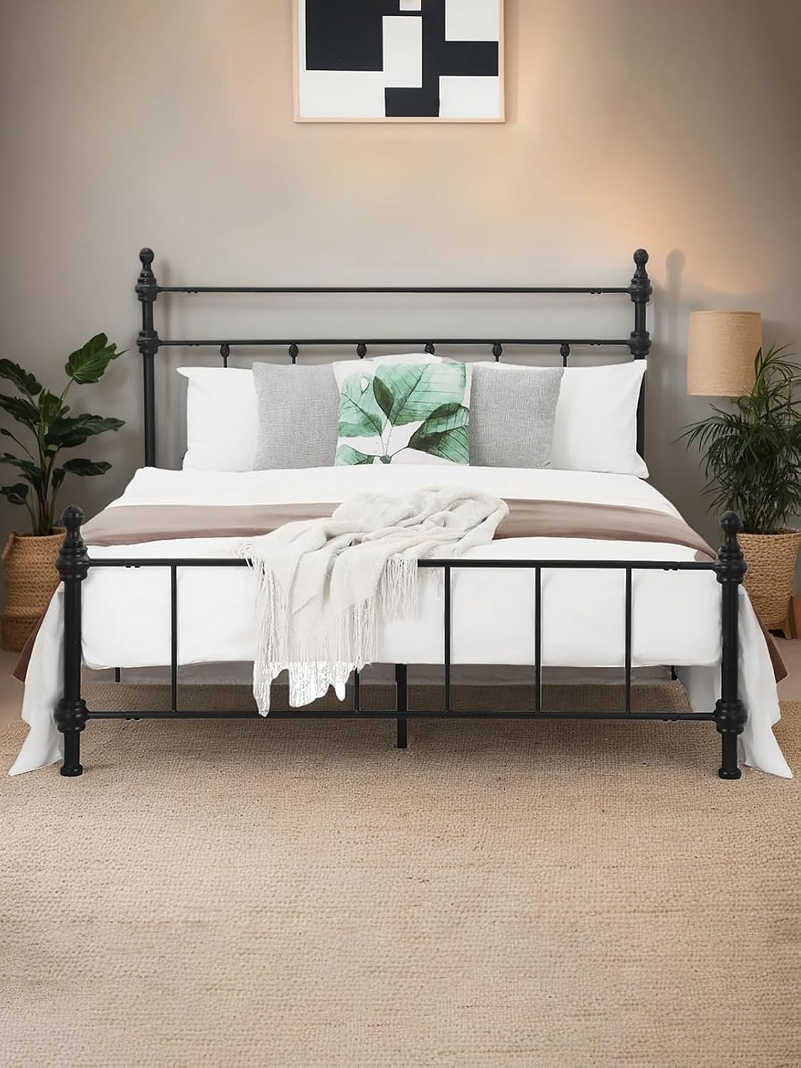 Full Size Bed Frame, Metal Platform Bed with Straight Headboard, Retro Luxury Roman Column, Easy Set up, No Box Spring Needed, Storage Space Under-Bed (Full)