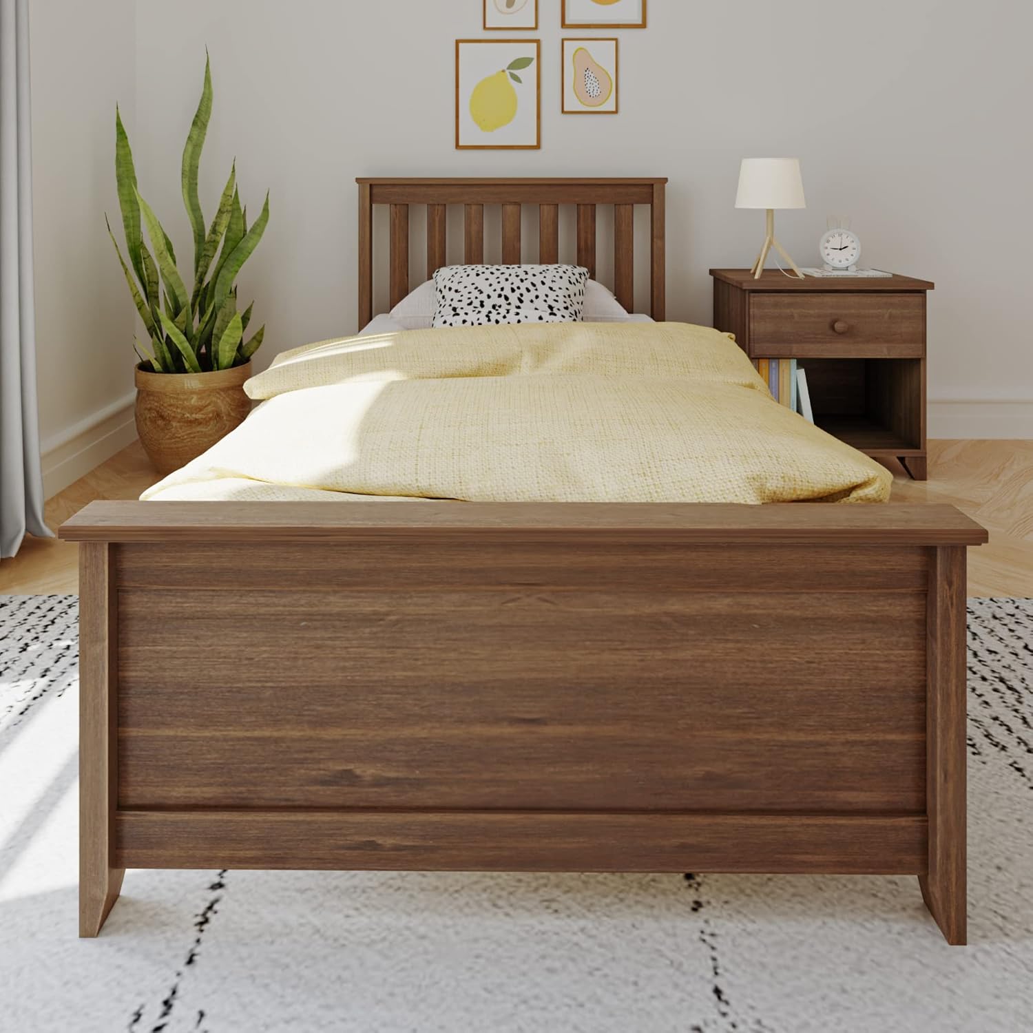 Max & Lily Twin Bed Frame with Slatted Headboard, Solid Wood Platform Bed for Kids, No Box Spring Needed, Easy Assembly, Walnut