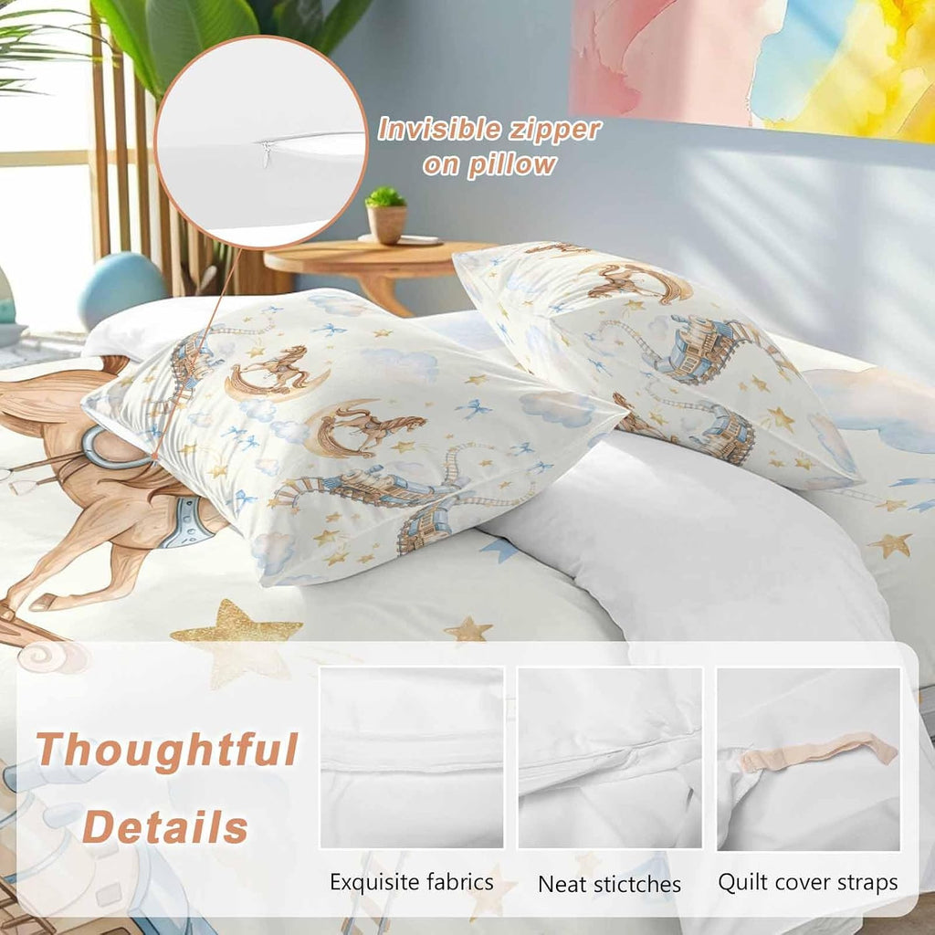 Horses Stars Duvet Cover Set Queen Size 4 Pieces Trains Rail Orbits Cloud Moon Blue Bow Yellow Bedding Set with Zipper Closure, 1 Comforter Cover 90x92 Inches 1 Flat Sheet & 2 Pillow Cases