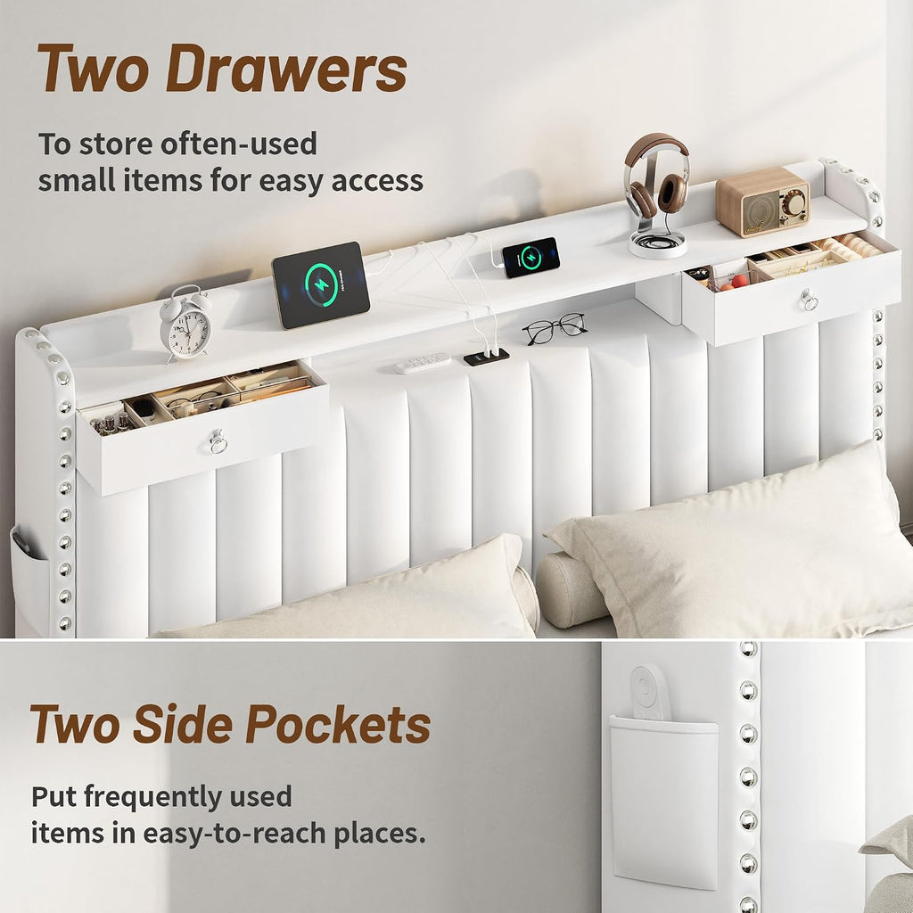 CypBed King Size Bed Frame with 4 Storage Drawers,Velvet Upholstered Platform King Bed Frame and Headboard, 3 USB & Type-C Charging Ports, Solid Wood Slats, No Box Spring Needed, No-Noise, White,Gifts