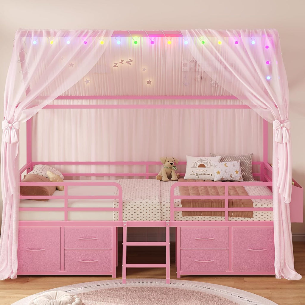 ADORNEVE Twin Size Bed Frame with 6 Drawers,House Bed with Globe String Lights Plug in,Metal Kids Bed with Safety Guardrail & Inclined Ladder,No Box Sping Needed,Pink