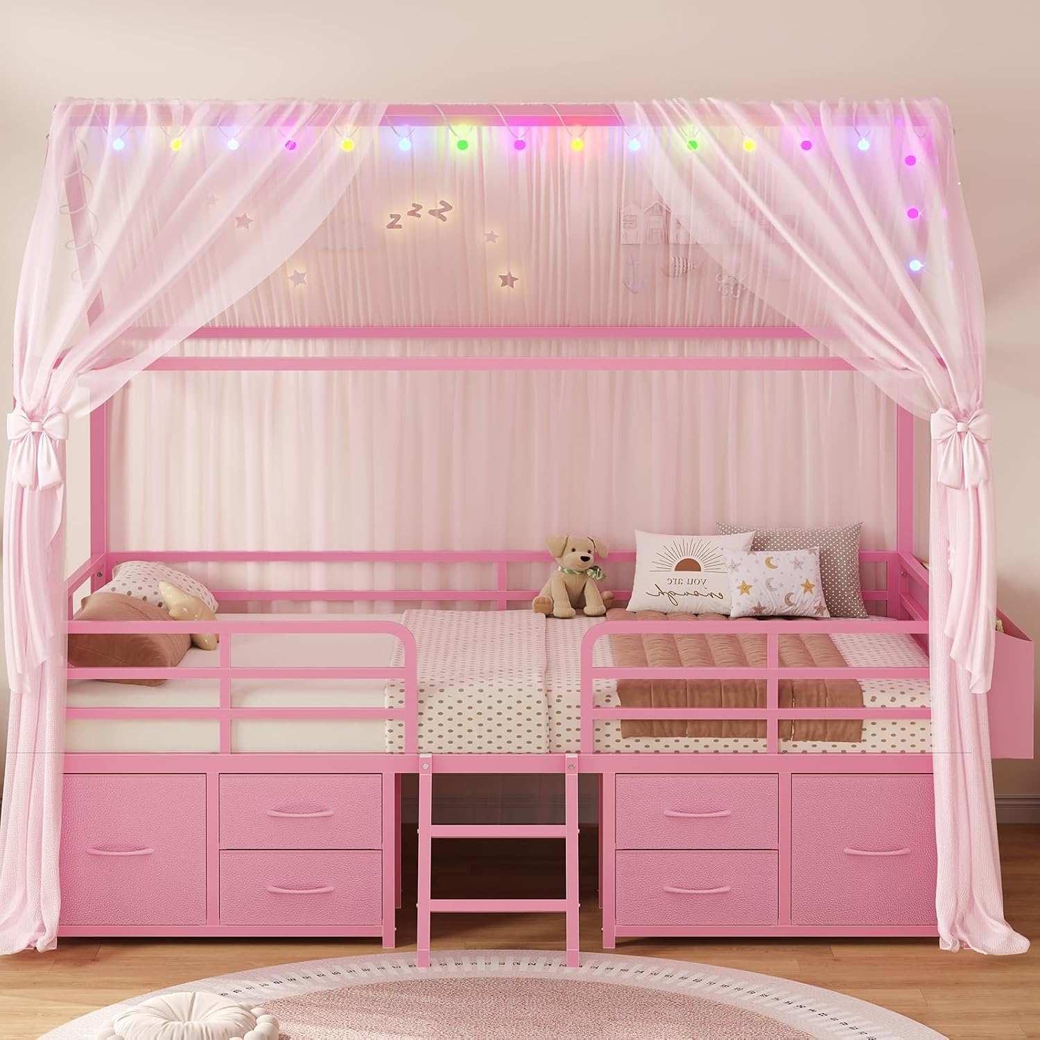 ADORNEVE Twin Size Bed Frame with 6 Drawers,House Bed with Globe String Lights Plug in,Metal Kids Bed with Safety Guardrail & Inclined Ladder,No Box Sping Needed,Pink