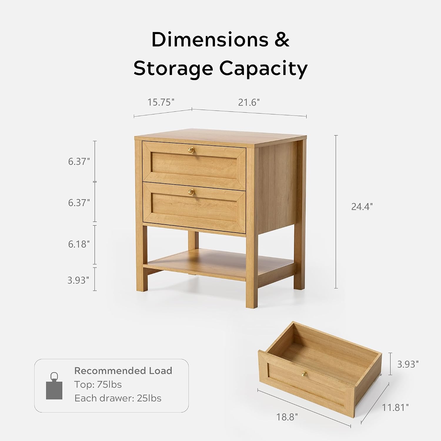 EYYTHUNG Farmhouse Nightstand Set of 2 with Drawers, 24.4' Tall Modern Wood Bedside Table with Open Shelf, Large End Table for Bedroom, Natural Oak