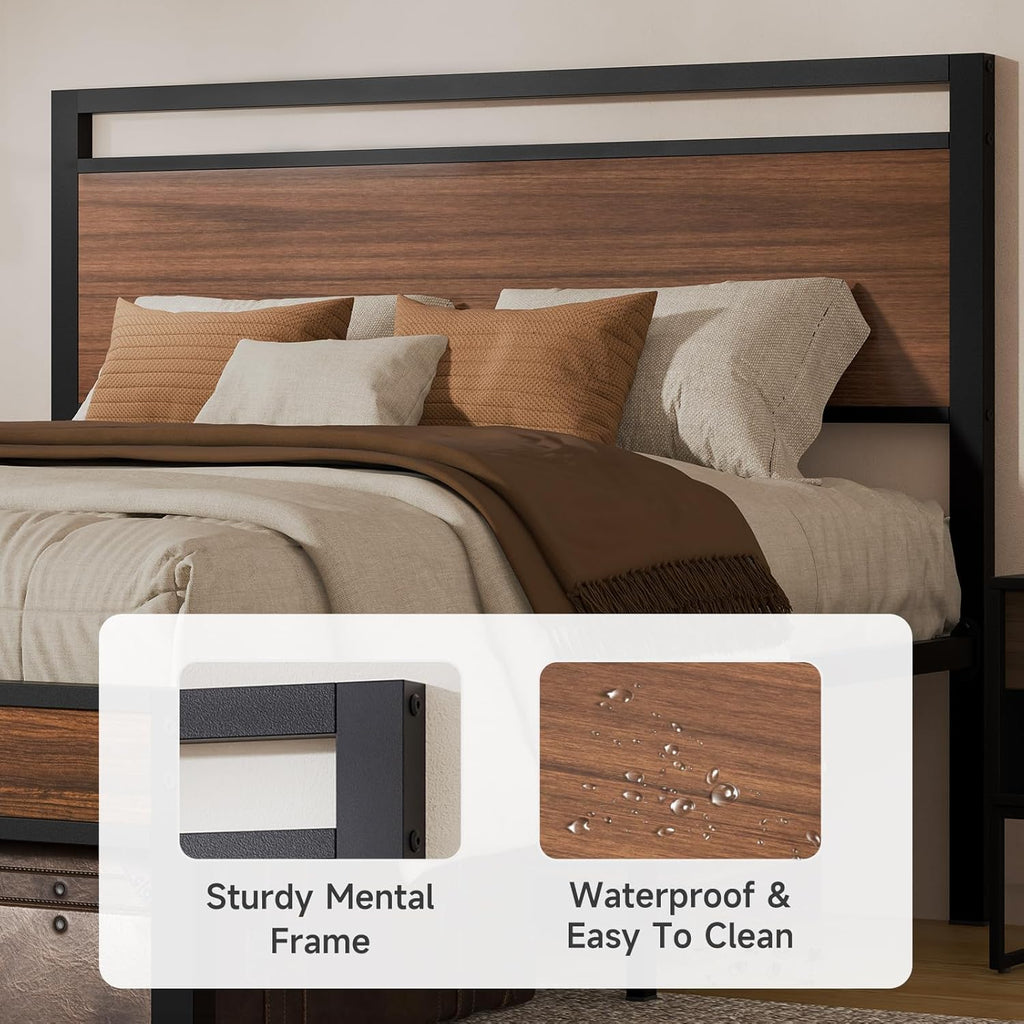 Easy Assembly Queen Bed Frame with Modern Wood Headboard & Footboard, Upgraded Heavy Duty Metal Sturdy Bed Frame Queen Size, Stable Platform Bed Furniture Bed Storage, No Noise, No Box Springs, Walnut