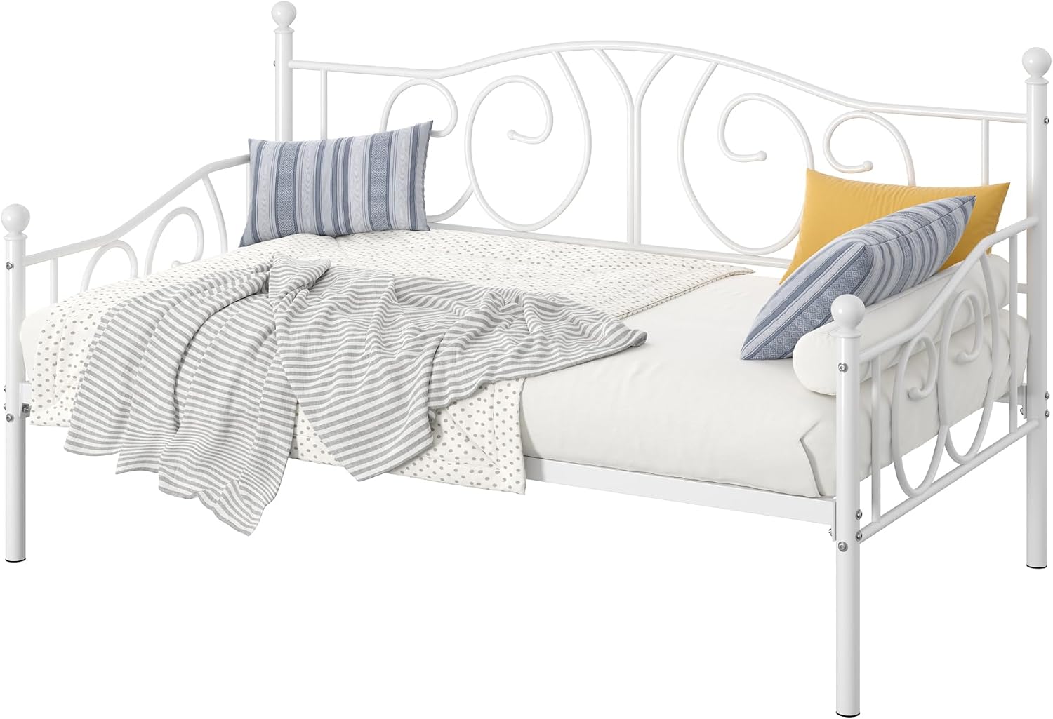 VECELO Metal Daybed Frame Multifunctional Platform Bed Sofa Mattress Foundation with Deluxe Headboard, Twin, White