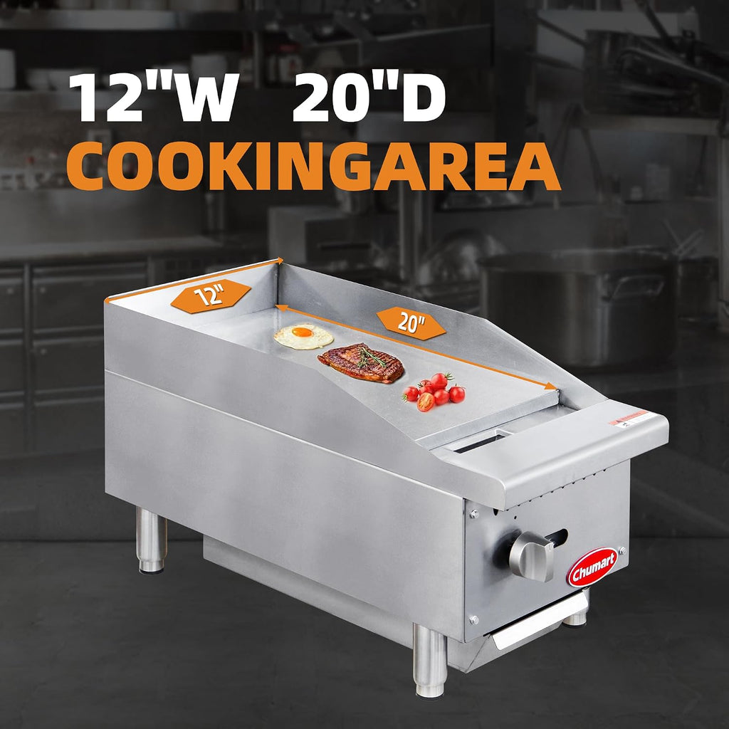 12' Commercial Countertop Griddle, Single Burners Gas Griddle, 30000 BTU Output, Stainless Steel Flat Top Grill Hot Plate with Natural Gas and Propane Conversion Kit for Restaurant, Food Truck