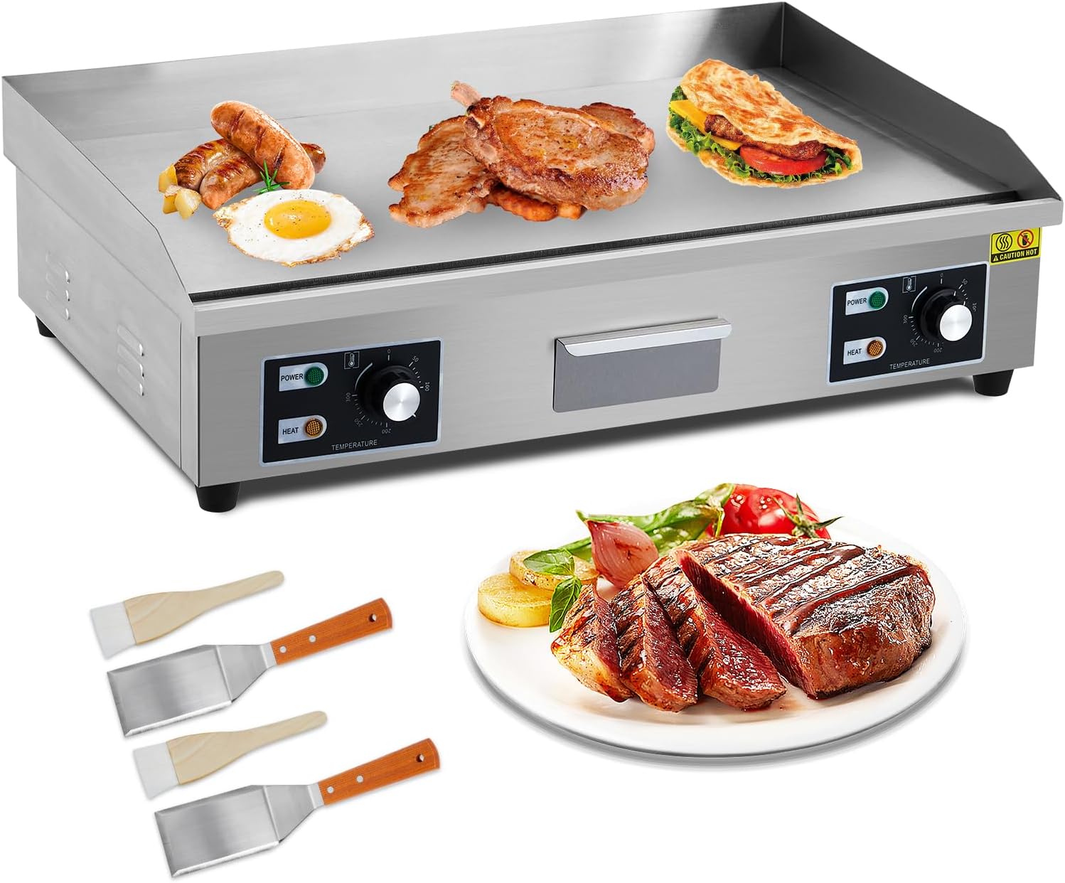 29' Commercial Electric Griddle - 3000W Stainless Steel Flat Top Grill with Adjustable Temp 122°F-572°F, Non-Stick Surface, 2 Shovels & 2 Brushes - for Restaurants, Home Kitchens