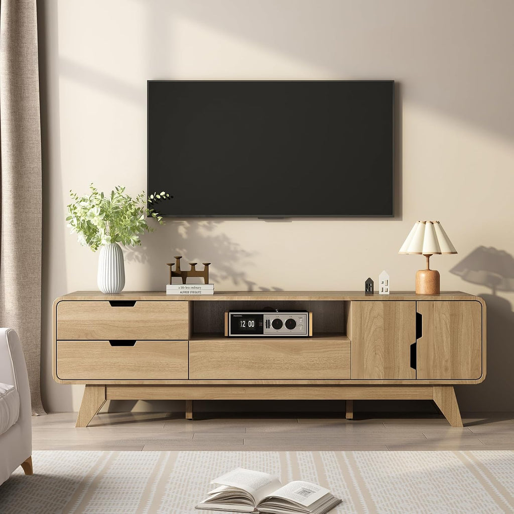 EAG Mid Century Modern TV Stand for 65 Inch TV, Entertainment Center with with Storage Cabinet & 3 Drawers, TV and Media Console for Living Room, Bedroom, Natural