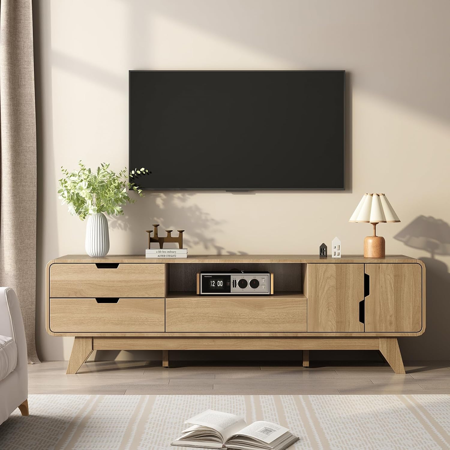 EAG Mid Century Modern TV Stand for 65 Inch TV, Entertainment Center with with Storage Cabinet & 3 Drawers, TV and Media Console for Living Room, Bedroom, Natural