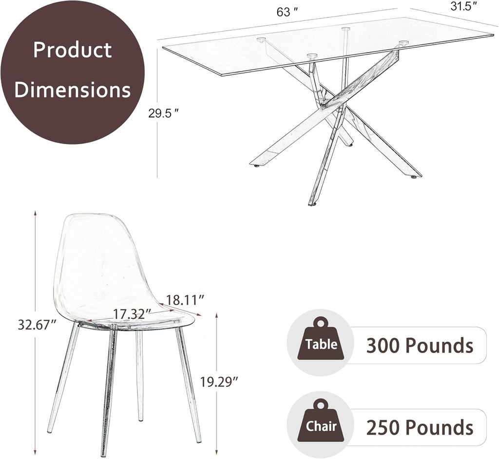 7 Pcs Modern Clear Glass Dining Table Set, 63'' Luxury Rectangular Kitchen Table Set, 6 Person Minimalist Dinner Room Table Set with Clear Acrylic Chair, for Bedroom Large Apartment (Silver)