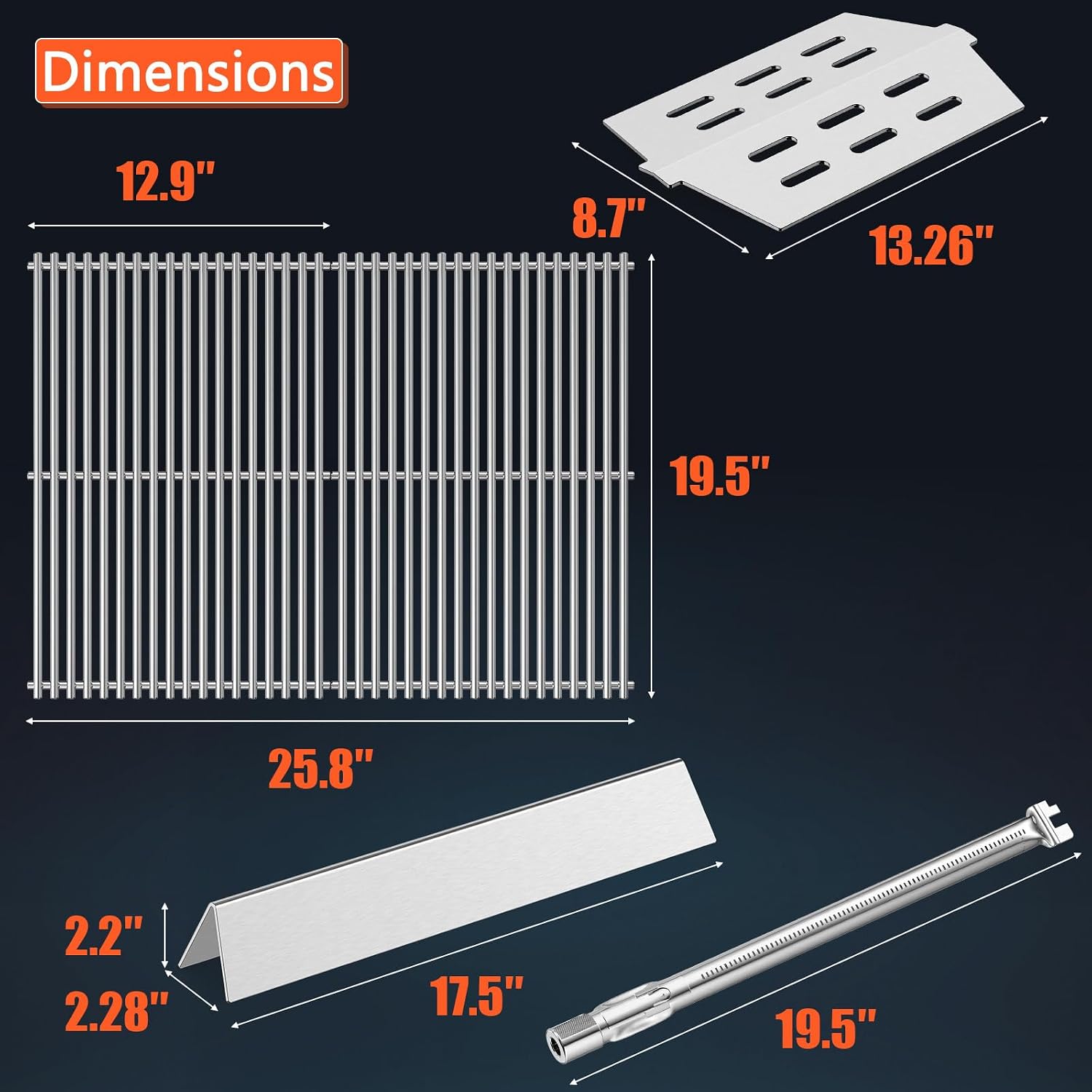 Grill Parts for Weber Genesis 300 Series with Front-Mounted Control, Fits Weber Genesis E310 E320 E330 Series Grill, Grill Grates + Flavorizer Bars+ Heat Deflector + Burner Tube（7528+7620+7622+62752）
