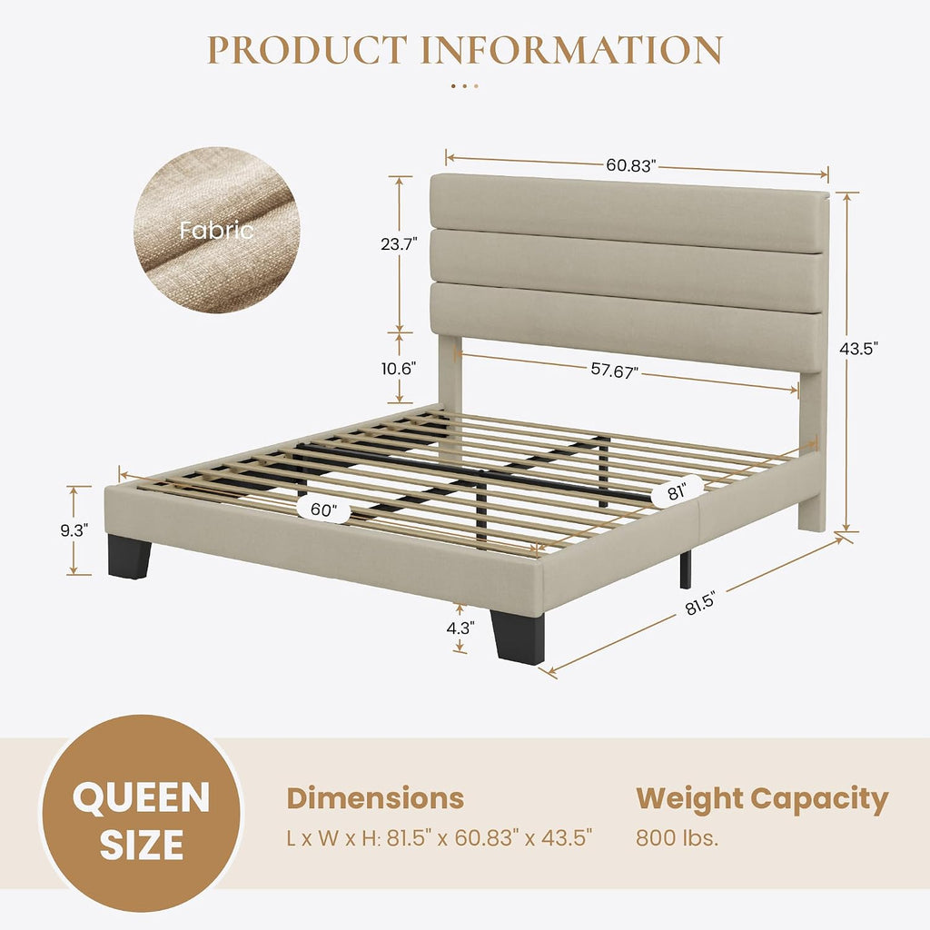 SHA CERLIN Queen Platform Bed Frame with Upholstered Fabric Headboard, Mattress Foundation with Strong Wooden Slats Support, No Box Spring Needed, Beige