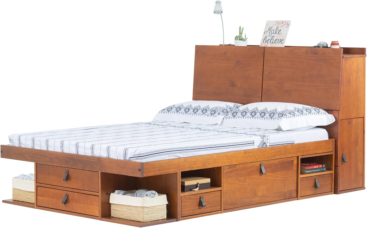 memomad Bali Set: Storage Platform Bed with Drawers + Bookcase Headboard (Full Size, Caramel Brown Wood)