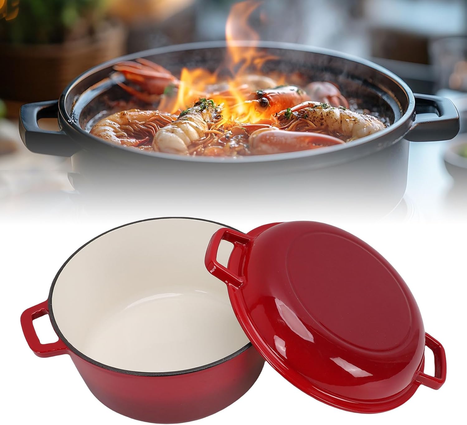 AYNEFY AYNEFY Cast Iron Braiser Pot 5QT Cast Iron Oven 2 in 1 Round Pot for Home Kitchen Braising Stewing Frying Baking Simmering Uniform Heat Distribution Kitchen Tools