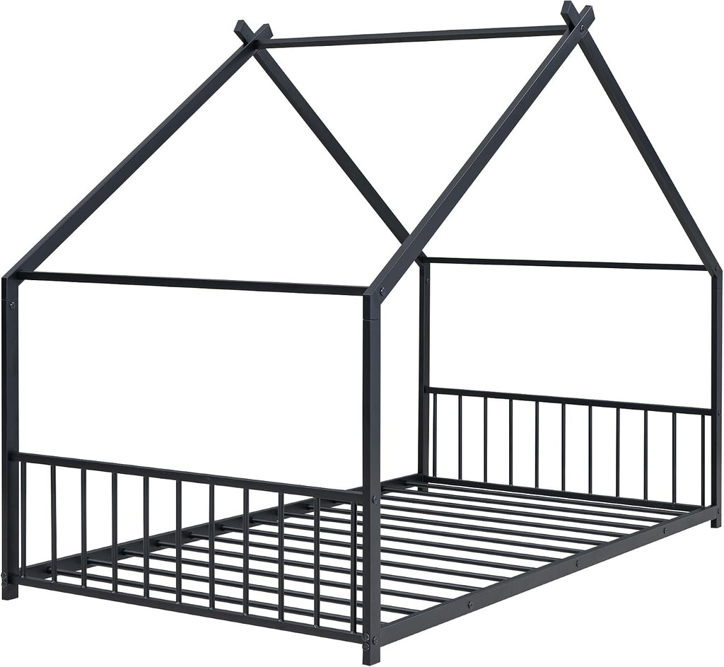 Bellemave Twin Size Floor BedFrame with Slats for Kids, Metal Montessori Floor Beds, Twin House Bed for Kids, Black with roof