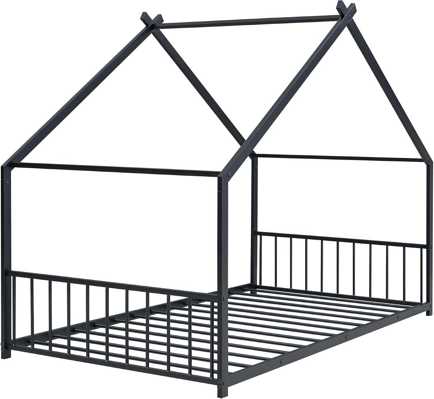 Bellemave Twin Size Floor BedFrame with Slats for Kids, Metal Montessori Floor Beds, Twin House Bed for Kids, Black with roof