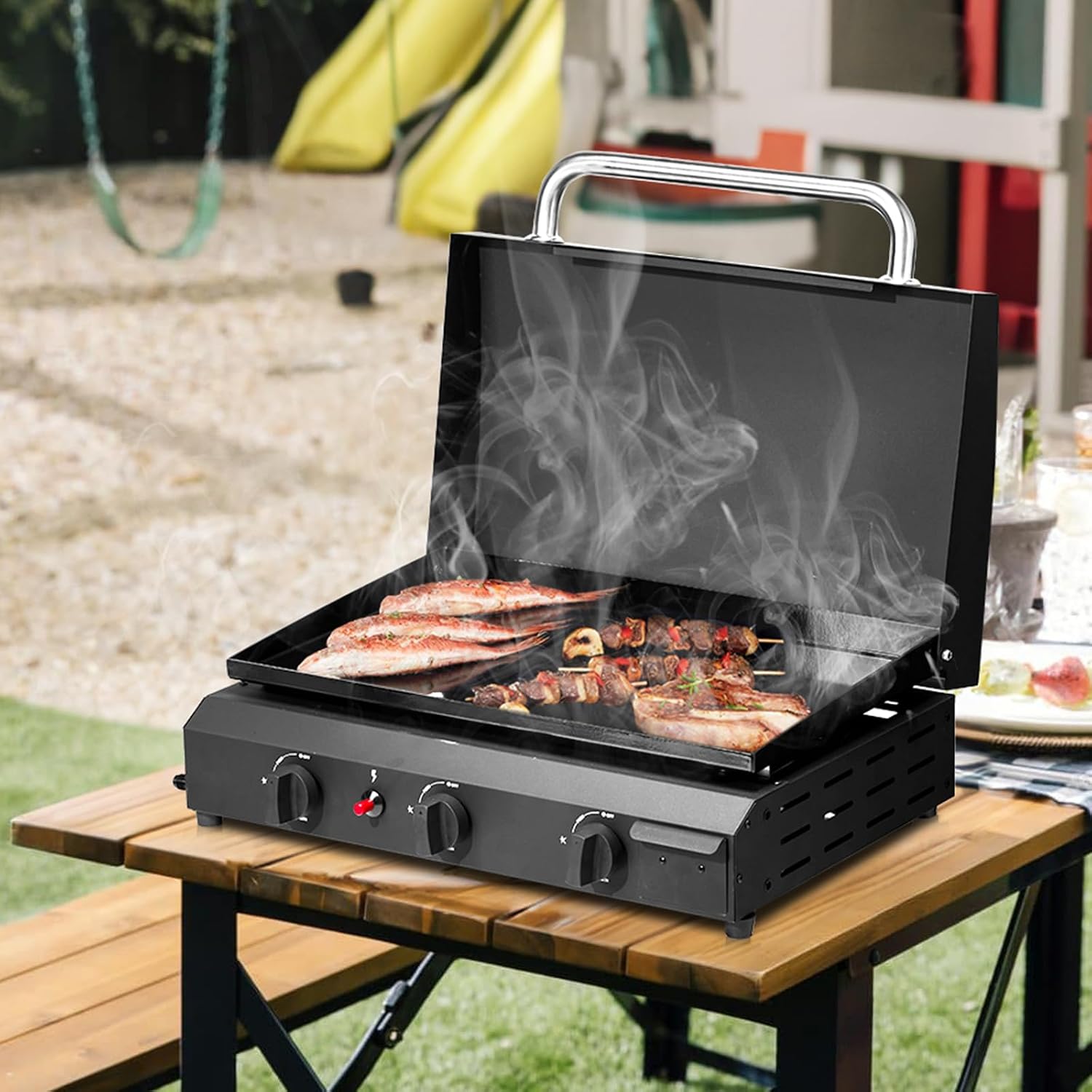 3-Burner Flat Top Gas Griddle, 30,000 BTU Propane Griddle Station with Ceramic Coated Cast Iron Pan, Outdoor BBQ Cookout, 23.2 x 14.2 Inch, Black