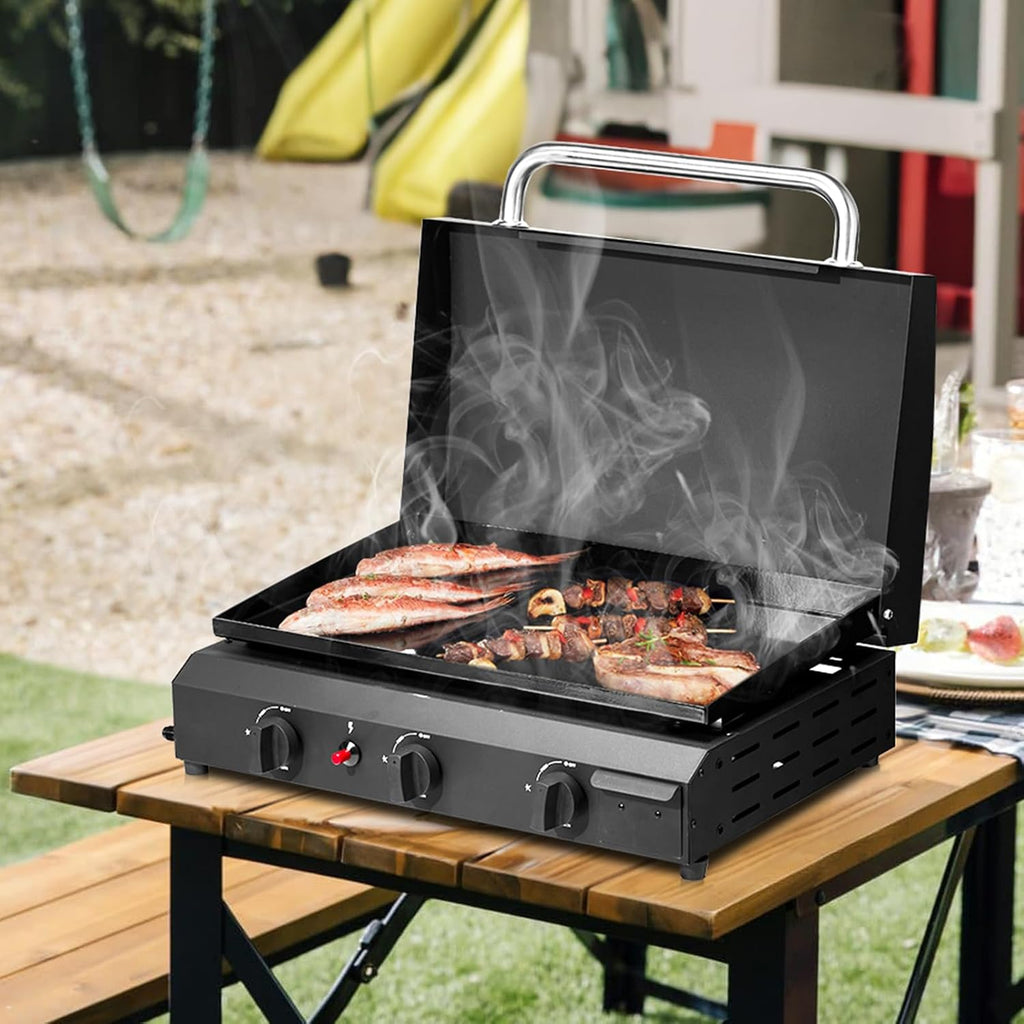 Premium Flat Top Gas Griddle Cooking Station with Ceramic-Coated Cast Iron Surface for Outdoor Barbecue and Backyard Cooking