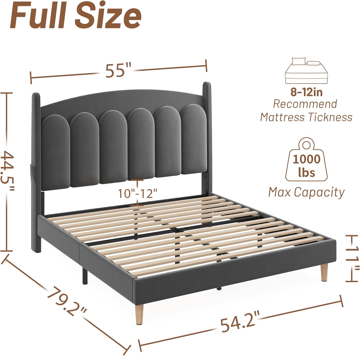 CypBed Full Size Bed Frame with Headboard LED Lights, Velvet Upholstered Full Size Bed, Adjustable Platform Full Bed, Sturdy Wooden Slats Support,No Box Spring Needed/Easy Assembly/Grey,Gifts