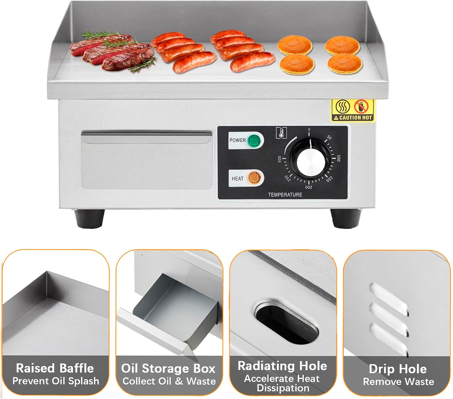 14' Commercial Electric Griddle, Stainless Steel Countertop Griddle, Electric Flat Top Grill With Shovel Brush, Restaurant Teppanyaki Grill Cooking Equipment, Temperature Control 50°C - 300°C