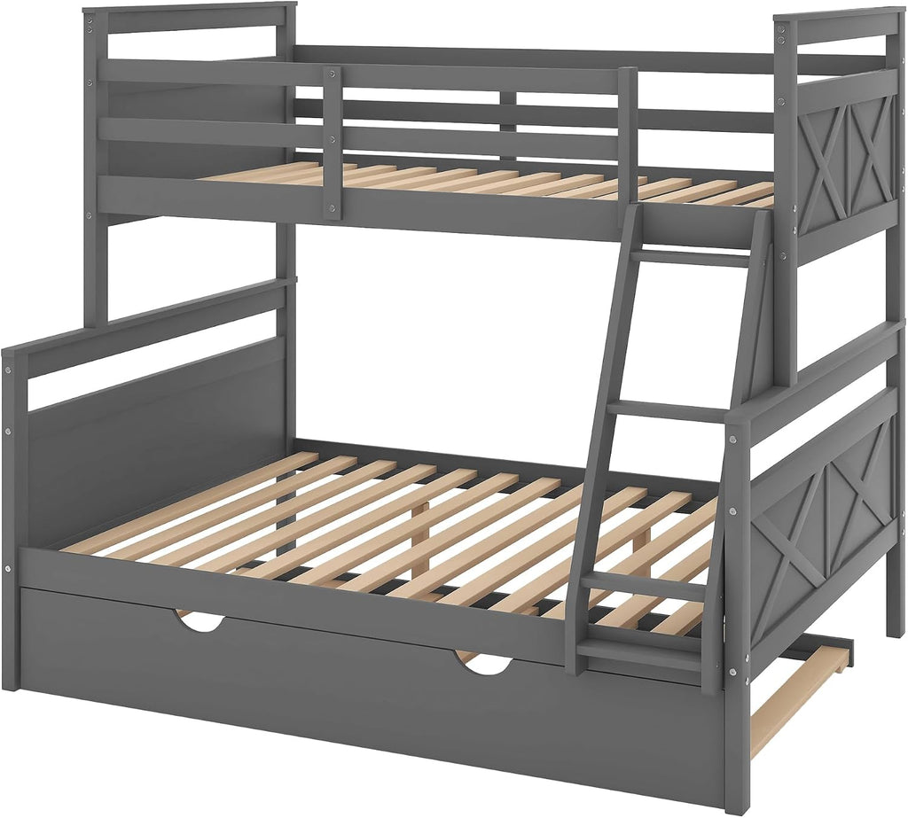 Twin Over Full Bunk Bed with Ladder and Twin Size Trundle,Bedroom Wood Bed Frame W/Safety Full-Length Guardrail,No Box Spring Required,for Kids Teens Girls Boys,Gray