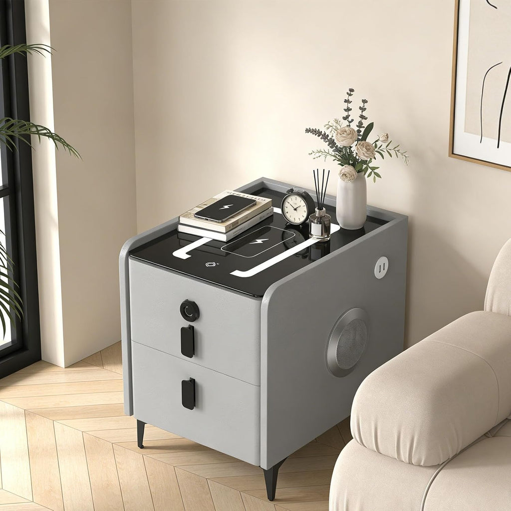 Night Stand Set 2, Grey Nightstand with Charging Station & Hutch, Night Stands for Bedrooms Set of 2, Bedside Table with Drawers and Bluetooth Speaker