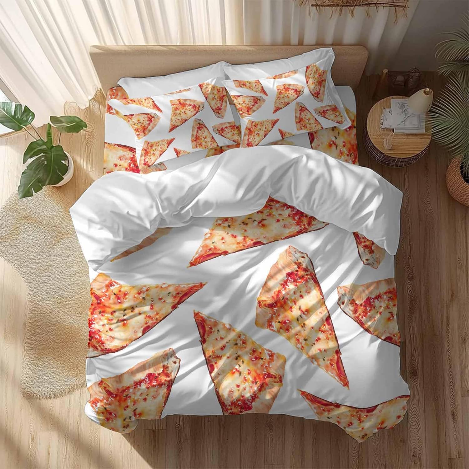 Prime Leader Realistic Food Duvet Cover Set Queen Size 4 Pieces Yummy Italy Naples Thin Crust Pizza Bedding Set with Zipper Closure, 1 Comforter Cover 92x106 Inches 1 Flat Sheet & 2 Pillow Cases