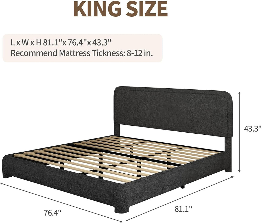 BarnFurin King Size Bed Frame with Headboard, Boucle Upholstered Platform Bed Frame, Soft Rounded Corners, No Box Spring Required, Easy Assembly, Black