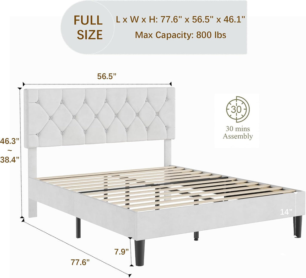 VECELO Full Size Bed Frame with Diamond Tufted Headboard, Upholstered Platform Bedframe with Wood Slat Support, No Box Spring Needed, Velvet & White