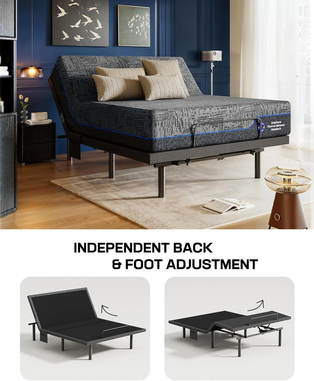 Marsail NS1 Massage Adjustable Base with Mattress Set, Split King Adjustable Bed Frame + 14-inch Cooling Gel Memory Foam Mattress, Dual Motor Bed Frame with Wireless Remote, CertiPUR-US Certified