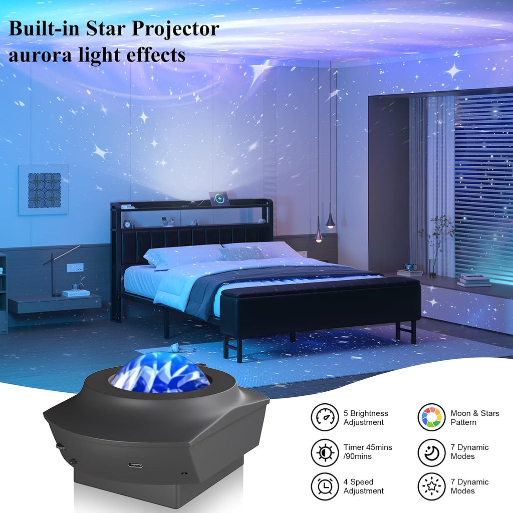 LoVinson Full Size Bed Frame with Headboard & Star Projector, Metal Upholstered Bed Frame with Charging Station, Heavy Duty Bedframe with Storage Ottoman, Noise-Free, No Box Spring Needed, Black