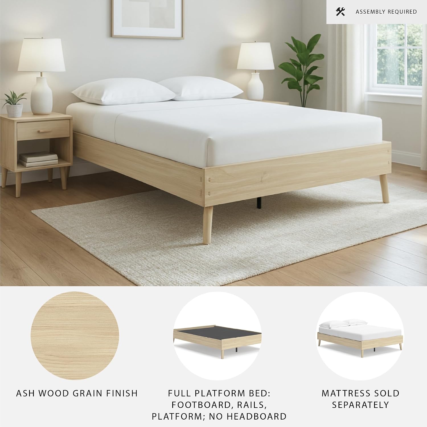 Signature Design by Ashley Cabinella Casual Full Platform Bed with Metal Slats, Wood, Foundation or Box Spring Not Needed, (Headboard Not Included), Light Brown