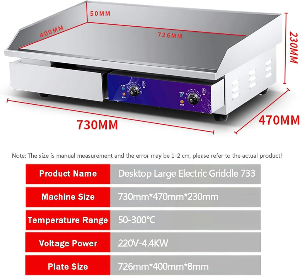 220V 4400W Commercial Electric Griddle, Electric Countertop Flat Top Griddle, Non-Stick Stainless Steel Restaurant Grill with Adjustable Temperature 122°F-572°F for Kitchen Restaurant