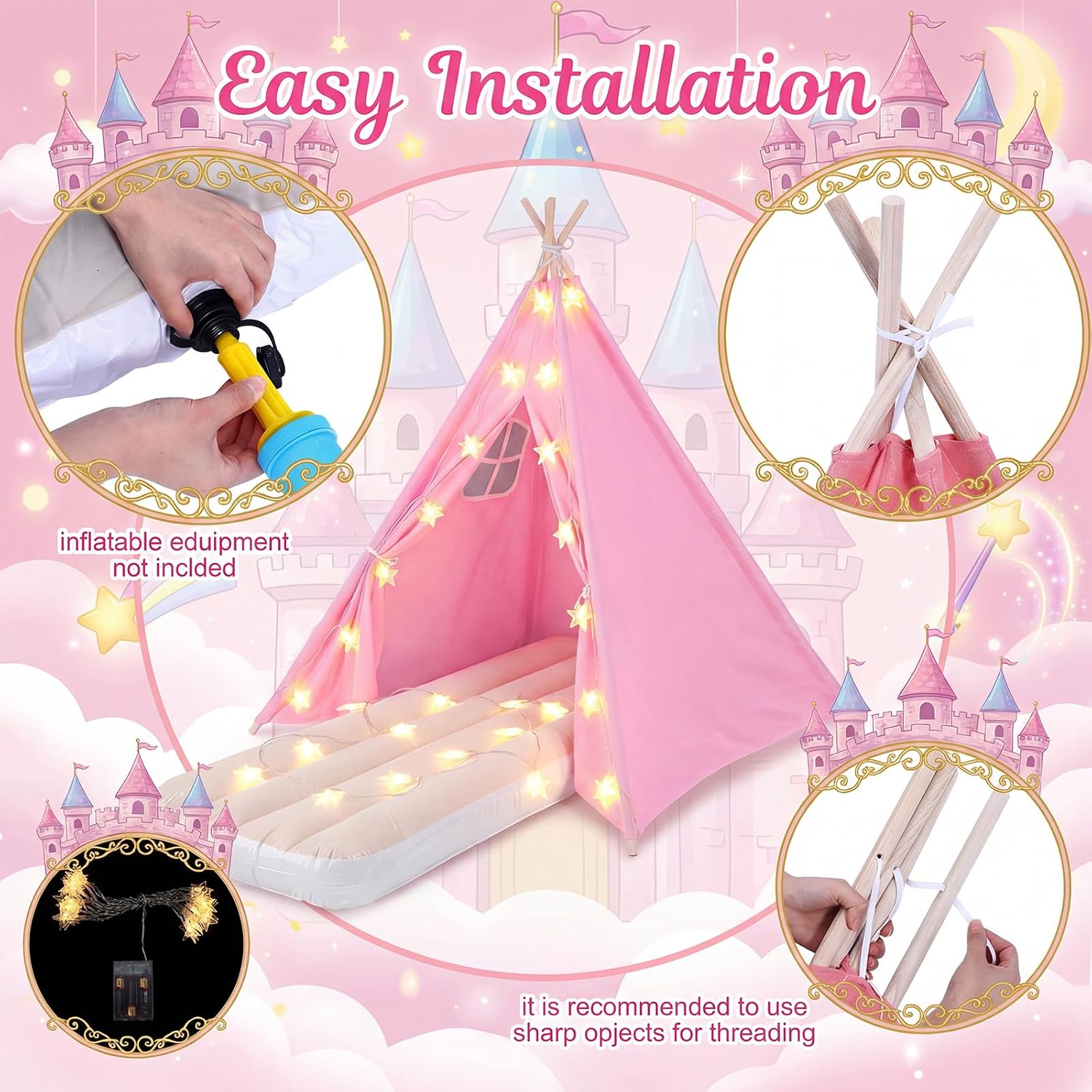 6 Set Sleepovers Teepee Tents Spa Slumber Party Robes Supplies Bulk with Inflatable Airbed and Light String, Birthday Favors Gift Indoor Outdoor (Complete,6 Pink)