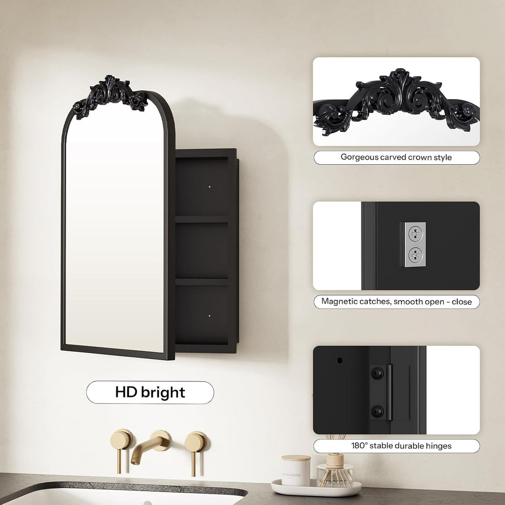 16x24 Inch Bathroom Medicine Cabinet with Mirror, Recessed or Surface Mount, Sturdy, Durable & Easy Installation, Vintage Metal Frame(Black)
