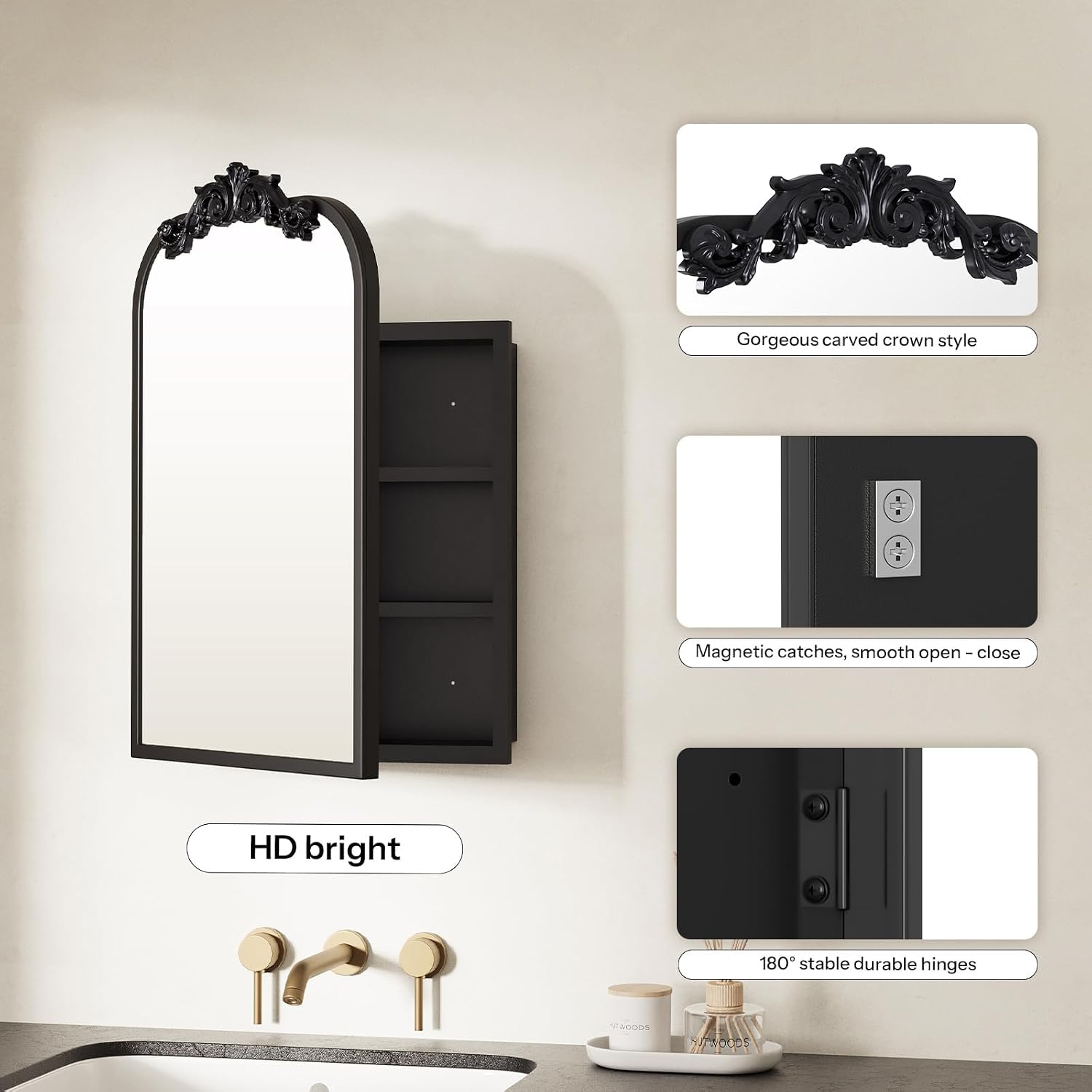 16x24 Inch Bathroom Medicine Cabinet with Mirror, Recessed or Surface Mount, Sturdy, Durable & Easy Installation, Vintage Metal Frame(Black)