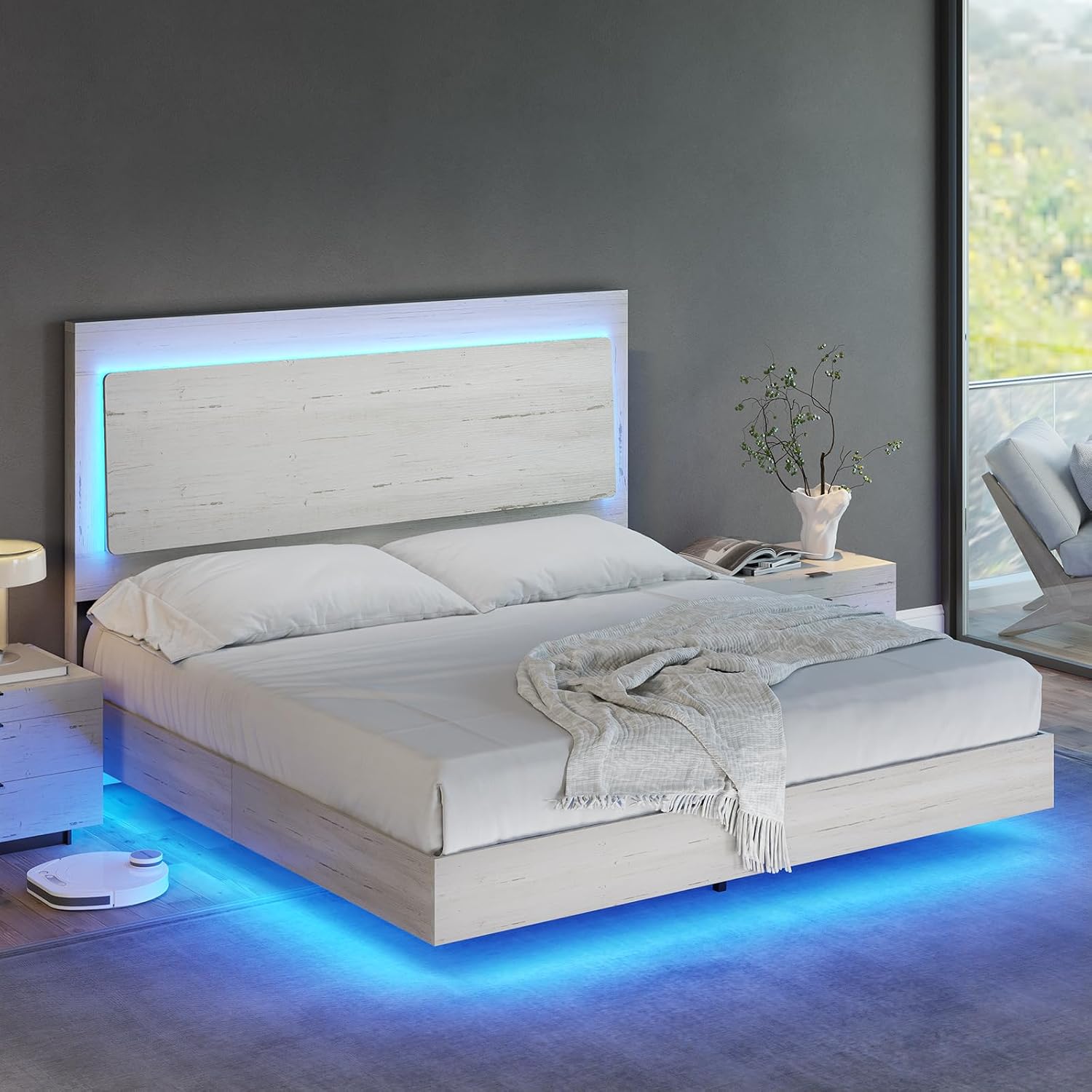 AMERLIFE Full Bed Frame, Farmhouse Floating Bed Frame with Recline Headboard, Platform Bed with LED Light, No Box Spring Needed/Noise Free, Distressed White