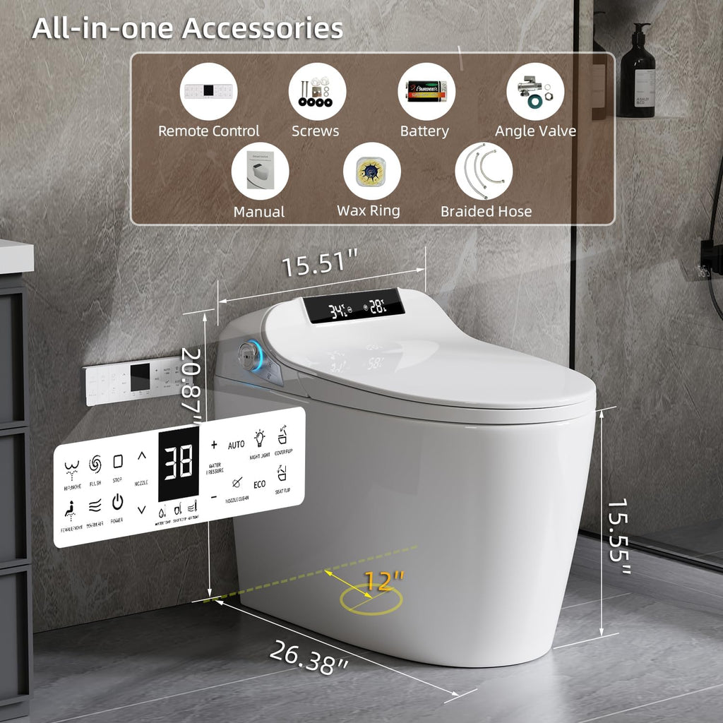 Smart Toilet with Elongated Bidet, Auto Open & Close, Auto Flush,Warm water massage, Heated Seat,Movement Drying, Night Light, Wireless Remote Control.