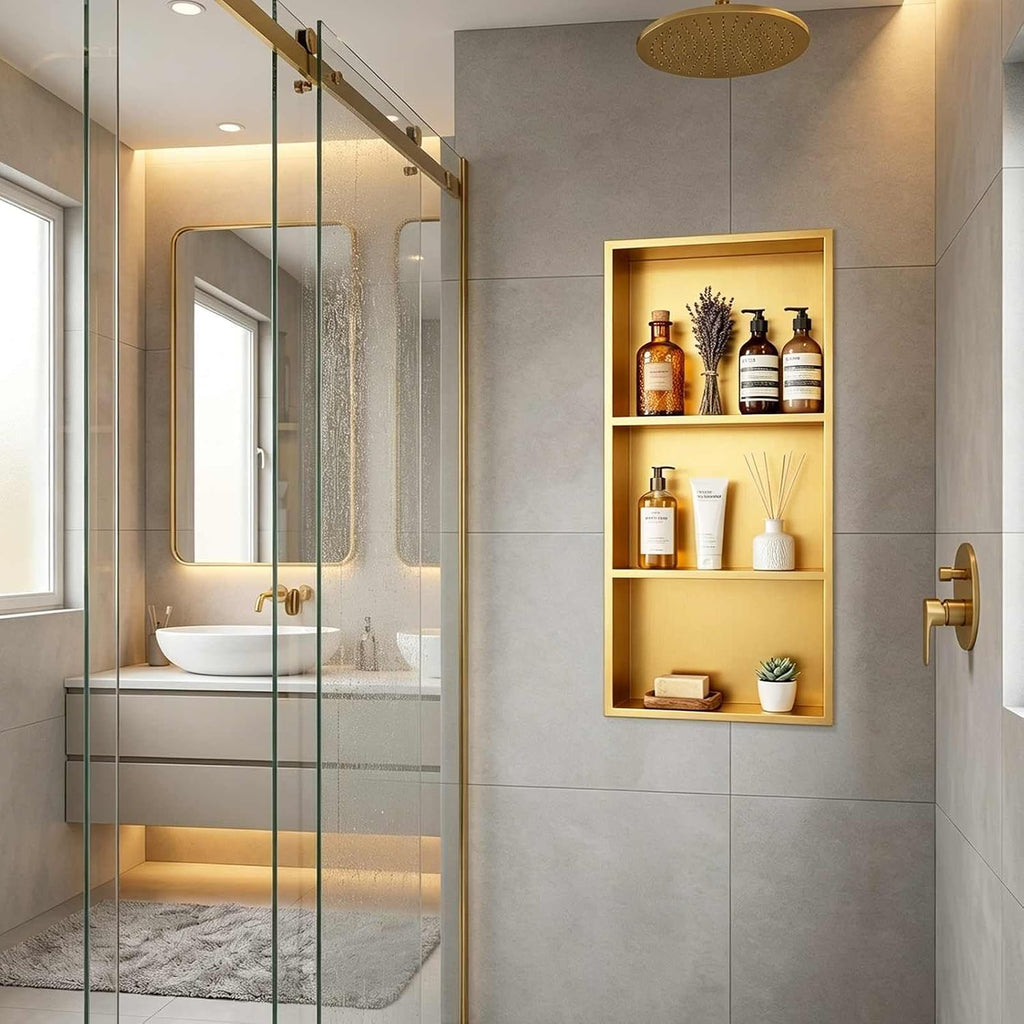 SaniteModar Shower Niche, Stainless Steel Shower Niche No Tile Needed, Recessed for Bathroom Storage (Brushed Gold, 12' x 30')