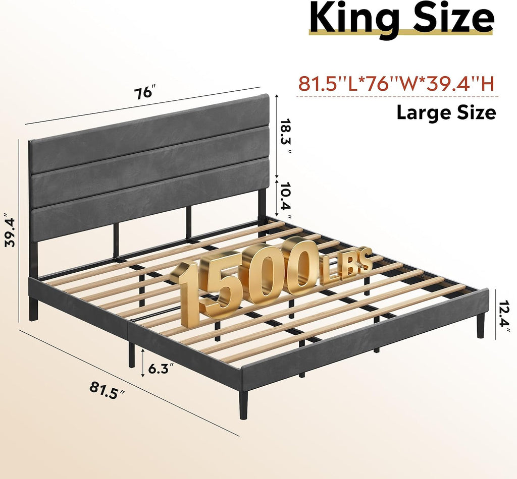 WLIVE Upholstered Bed Frame, King Size Bed Frame with Headboard, Platform Bed with Wood Slats, 1500LBS Mattress Foundation, No Box Spring Needed, Easy Assembly, Velvet Grey