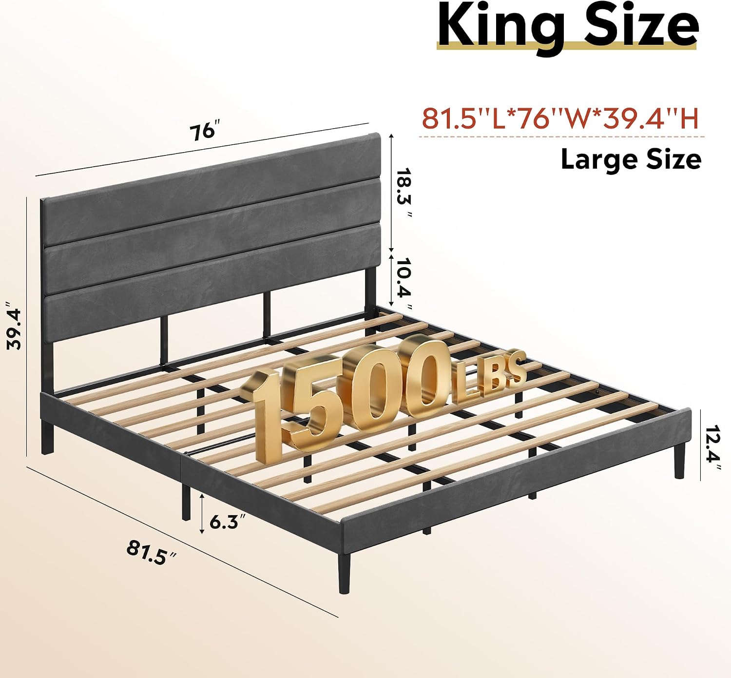 WLIVE Upholstered Bed Frame, King Size Bed Frame with Headboard, Platform Bed with Wood Slats, 1500LBS Mattress Foundation, No Box Spring Needed, Easy Assembly, Velvet Grey