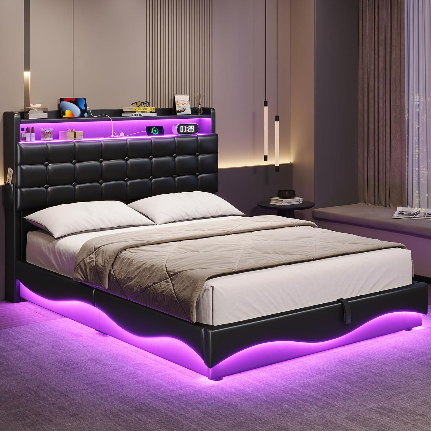 BTHFST Bed Frame Twin Size with Lift Up Storage, Power Outlet & RGB Lights, Upholastered Storage Headboard, Twin Bed with Heavy Duty Steel Slats, No Box Spring Needed, PU Black