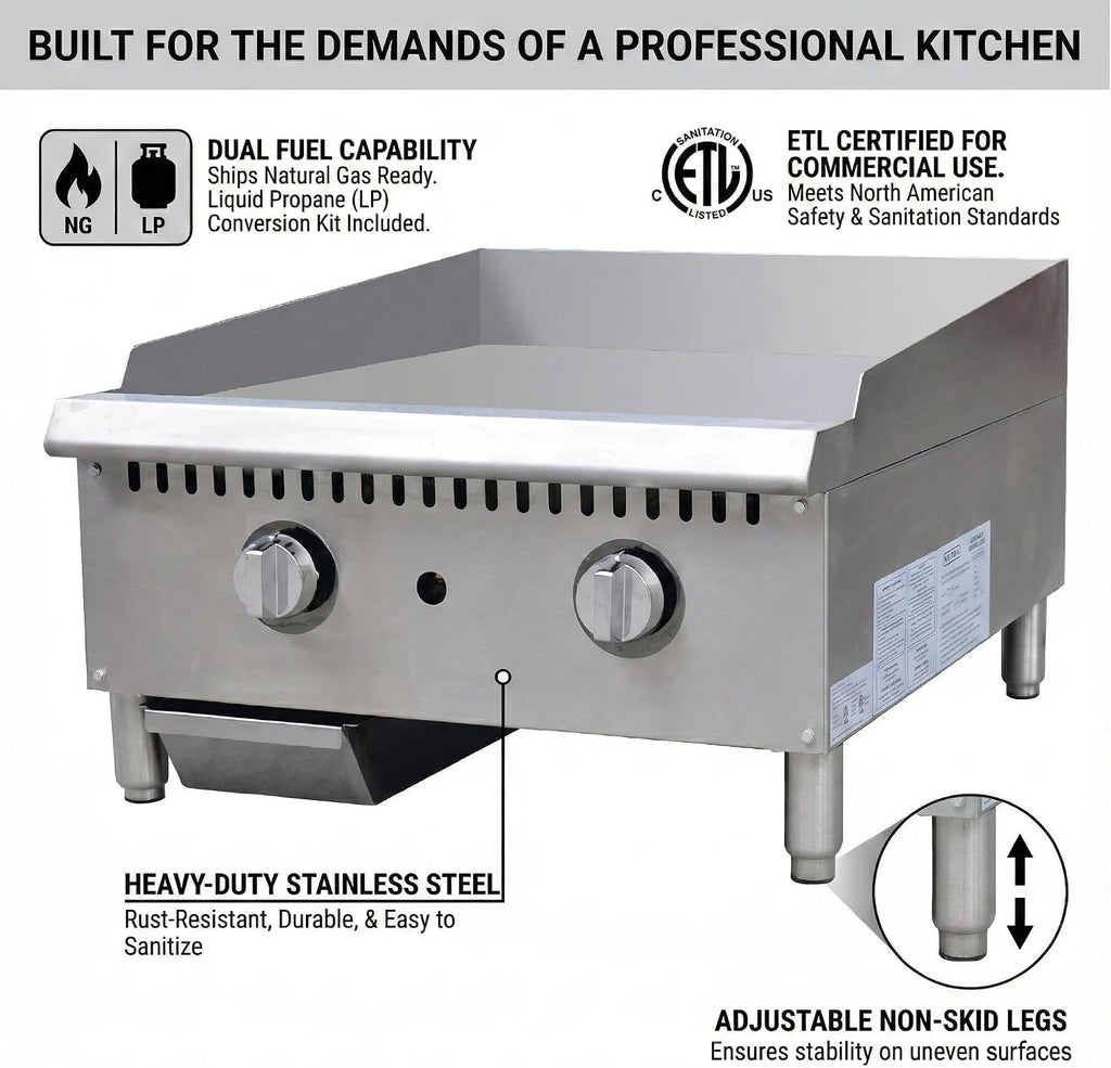 24' Commercial Griddle - Natural Gas/Propane Flat Top Grill, 60,000 BTU Countertop Hot Plate with Thermostatic Control & 3/4' Thick Plate, Heavy Duty Stainless Steel, ETL Listed