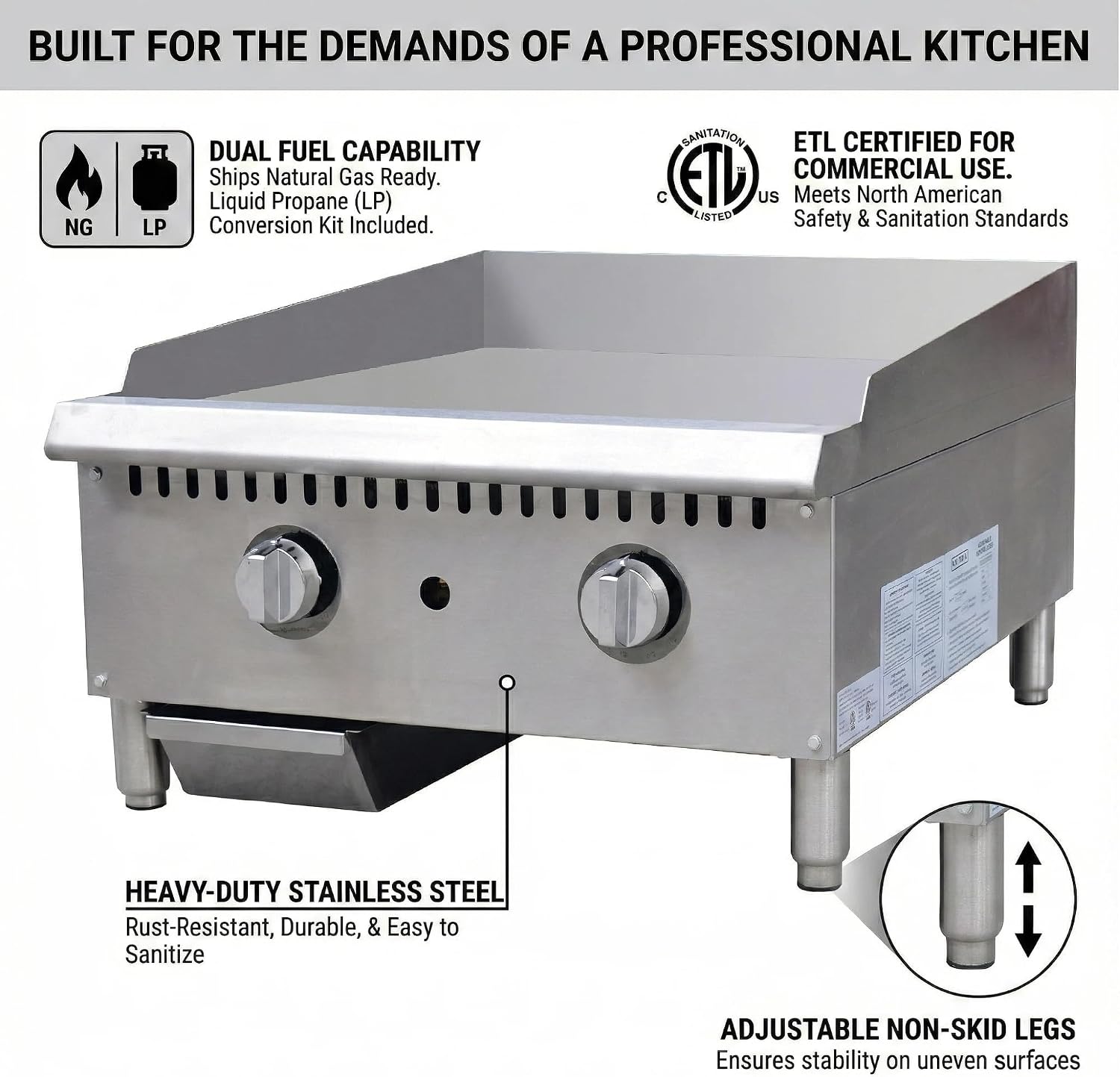 24' Commercial Griddle - Natural Gas/Propane Flat Top Grill, 60,000 BTU Countertop Hot Plate with Thermostatic Control & 3/4' Thick Plate, Heavy Duty Stainless Steel, ETL Listed
