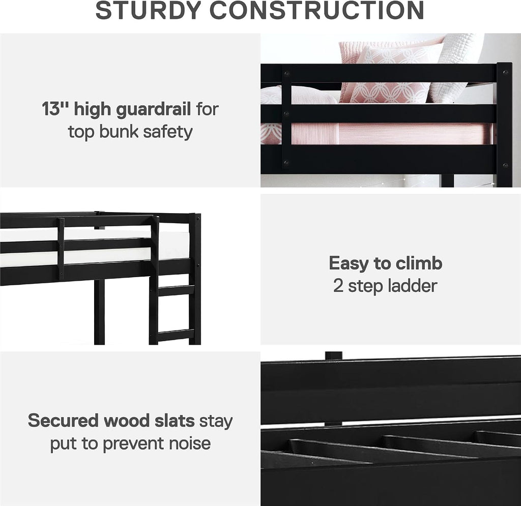 DHP Milton Twin Loft Bed with Safety Guard Rail, Black, Space Saving Junior Size, Pine Wood
