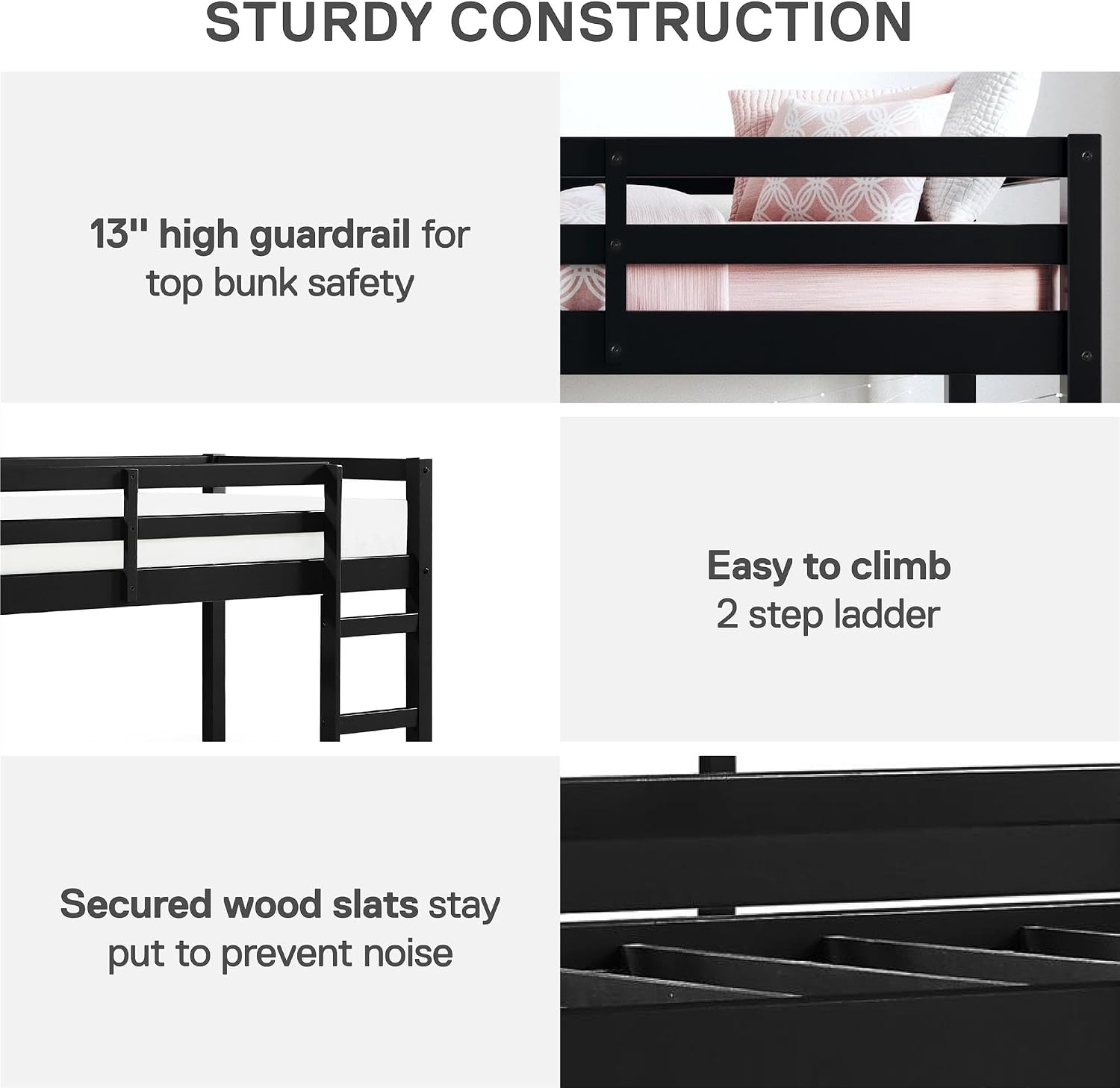 DHP Milton Twin Loft Bed with Safety Guard Rail, Black, Space Saving Junior Size, Pine Wood