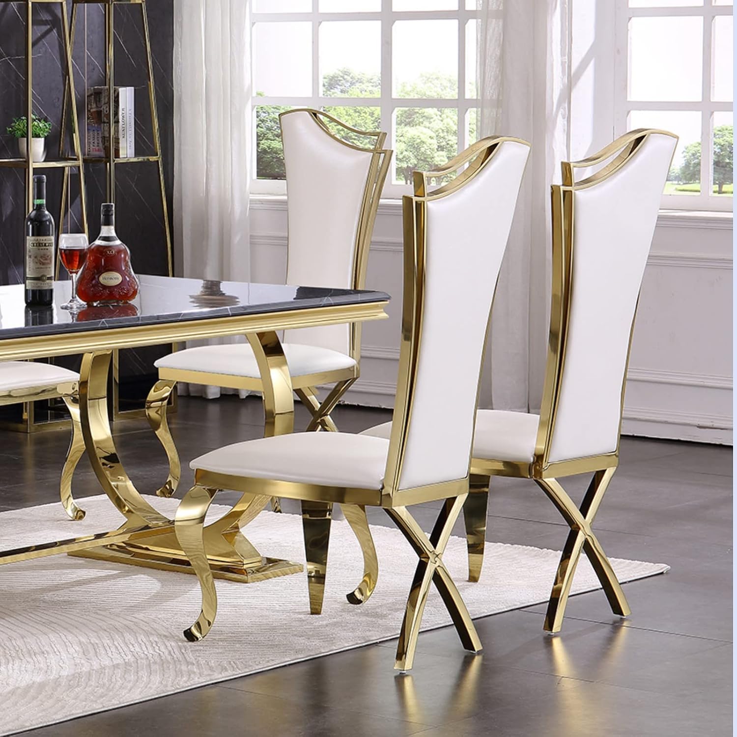 ACEDÉCOR 7 Piece Dining Table Set for 6, Gold Kitchen and Dining Room Table Set with U-Shaped Base Dining Table and 6 White Leather Upholstered Dining Chairs