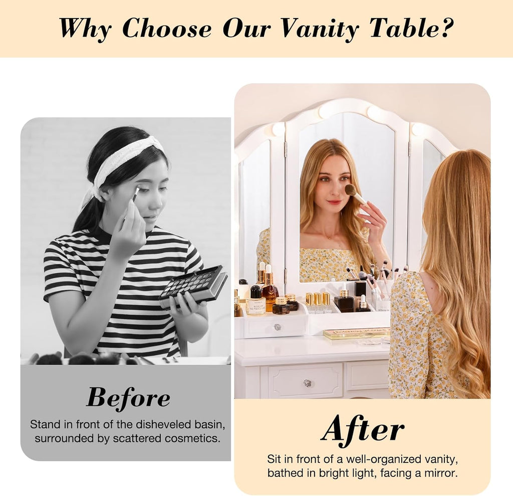 BLEXA Vanity Desk Set-White Vanity Desk with Mirror and Lights Vanity Table with Drawers and Cushioned Stool Makeup Table with Mirror for Women and Girls(White)