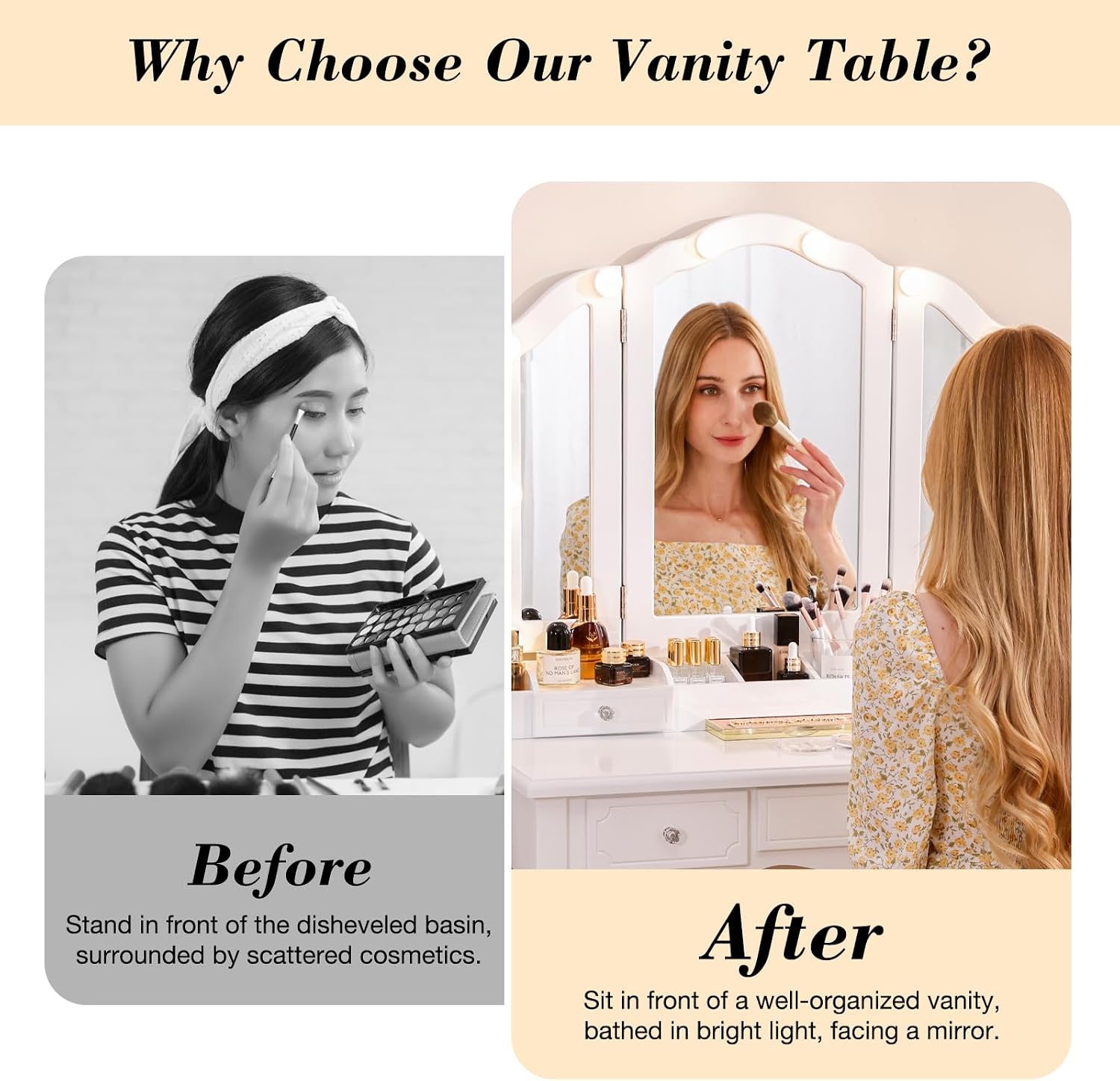BLEXA Vanity Desk Set-White Vanity Desk with Mirror and Lights Vanity Table with Drawers and Cushioned Stool Makeup Table with Mirror for Women and Girls(White)